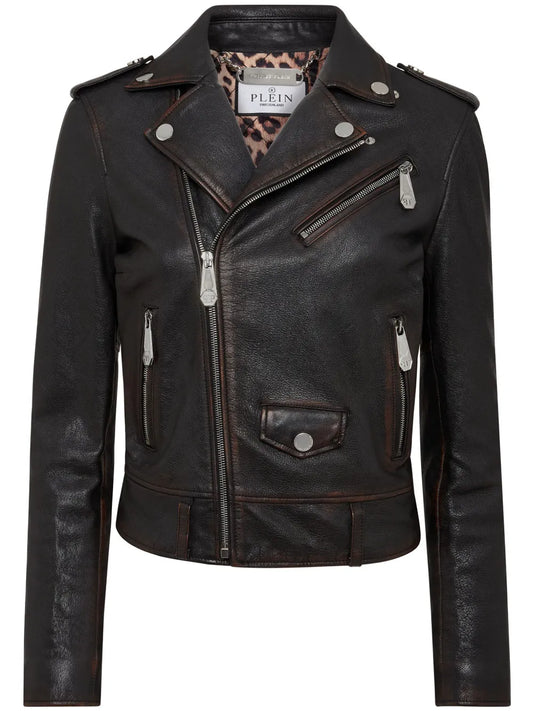Logo-Patch Leather Biker Jacket