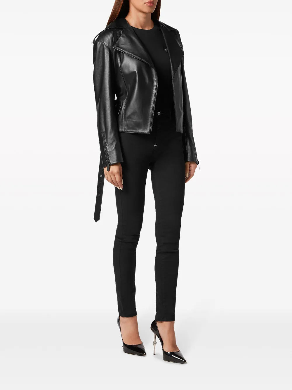 Oversize-Logo Belted Leather-Jacket