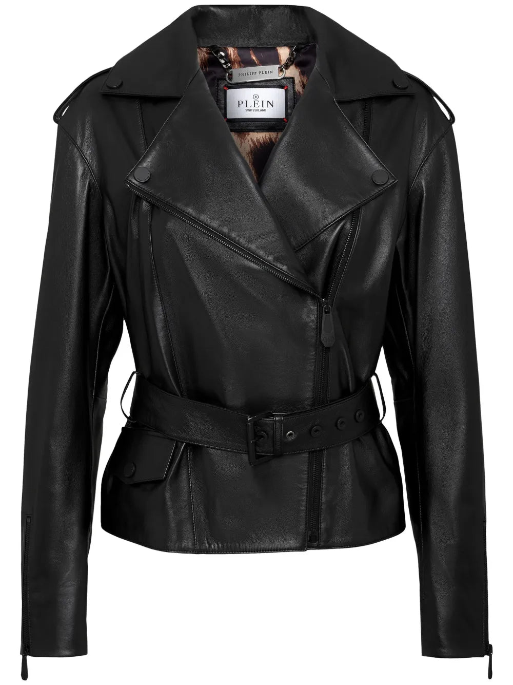 Oversize-Logo Belted Leather-Jacket