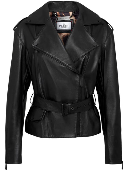 Oversize-Logo Belted Leather-Jacket