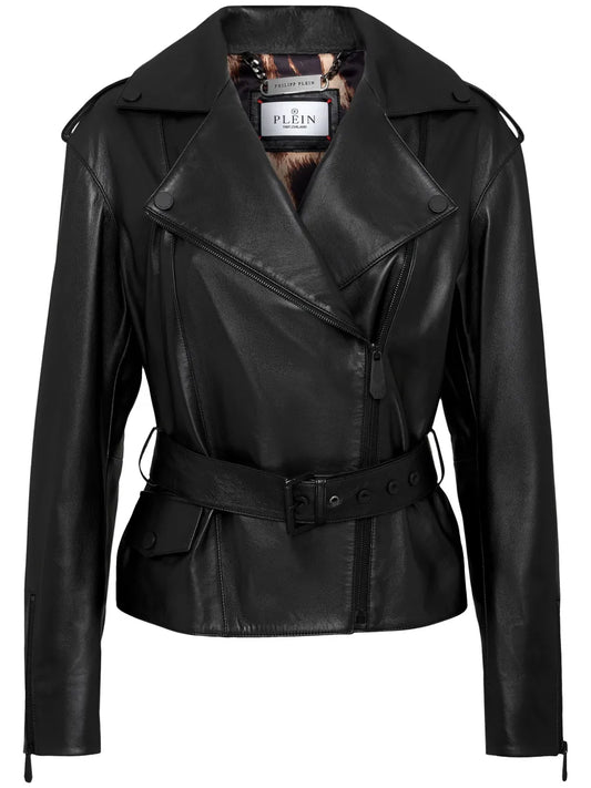 Oversize-Logo Belted Leather-Jacket