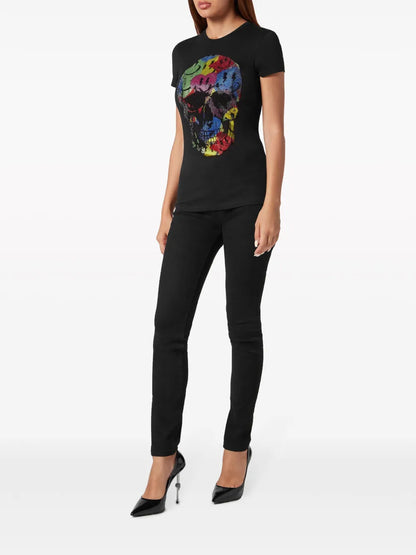 Skull-Print Rhinestones-Embellishment T-Shirt