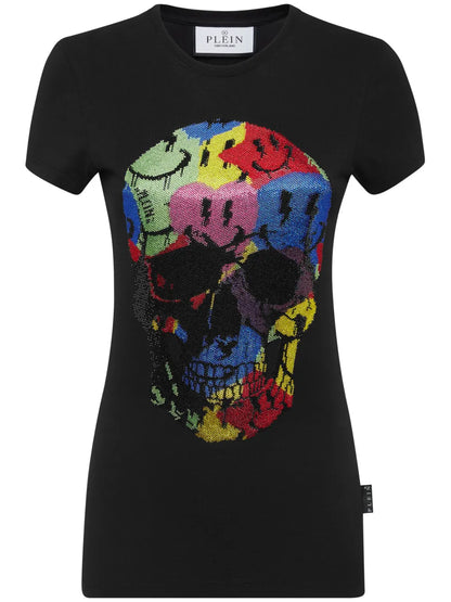 Skull-Print Rhinestones-Embellishment T-Shirt