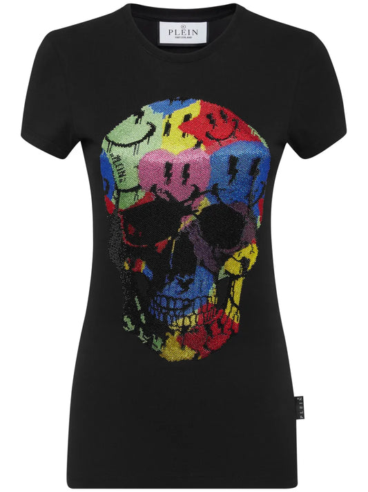 Skull-Print Rhinestones-Embellishment T-Shirt