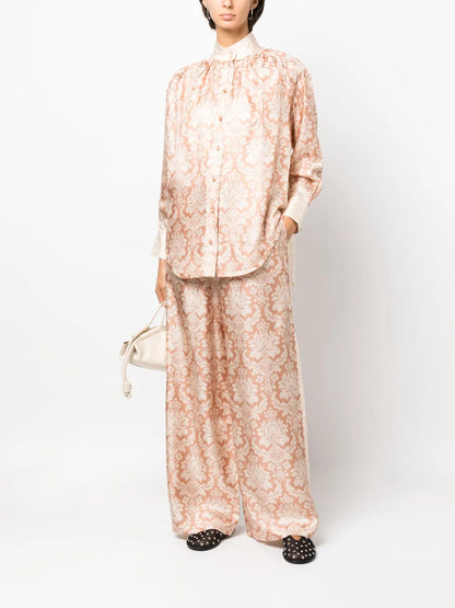 Damask-Print Silk Palazzo Trousers