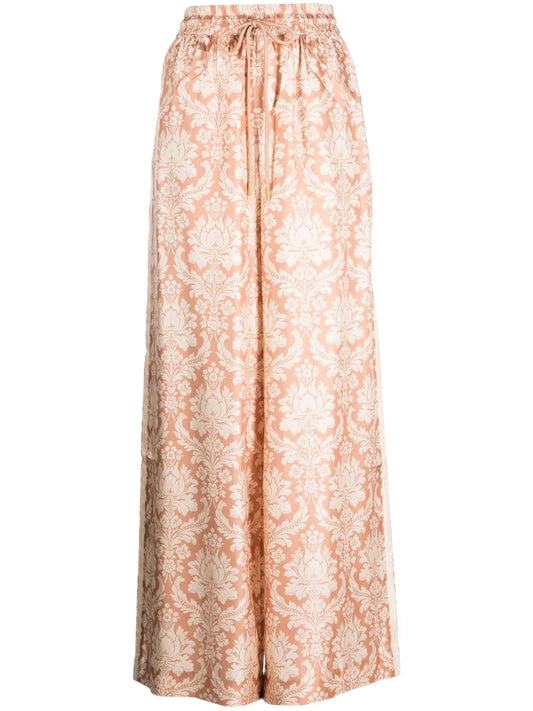 Damask-Print Silk Palazzo Trousers