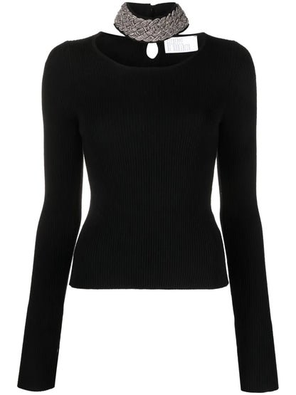 Crystal-Embellished Ribbed-Knit Jumper