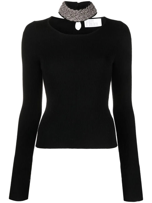 Crystal-Embellished Ribbed-Knit Jumper