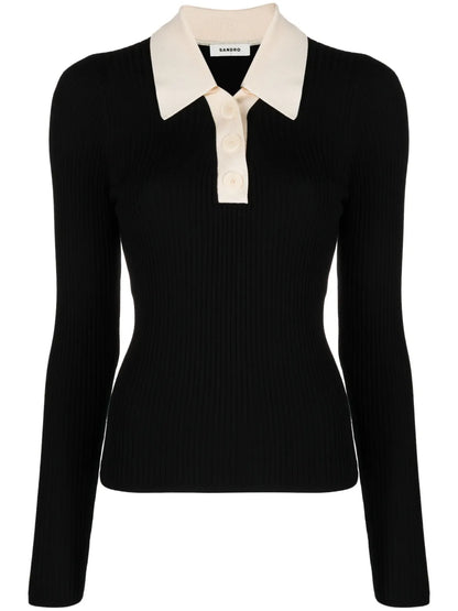 Ribbed-Knit Contrasting-Panel Polo Jumper