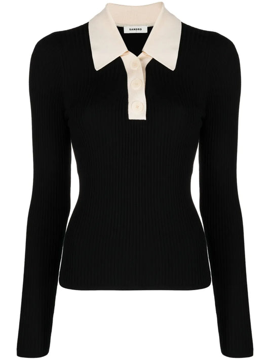 Ribbed-Knit Contrasting-Panel Polo Jumper