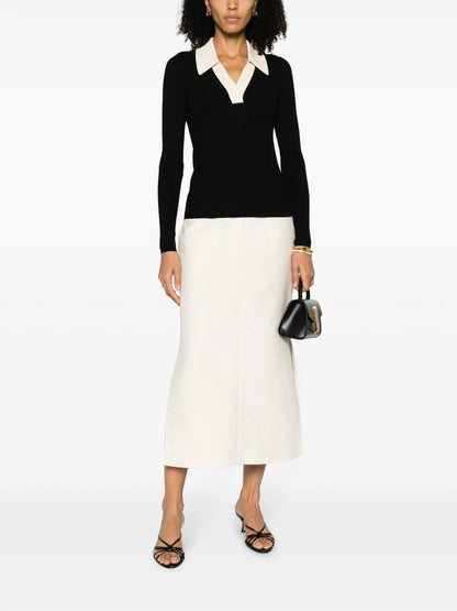 Ribbed-Knit Contrasting-Panel Polo Jumper