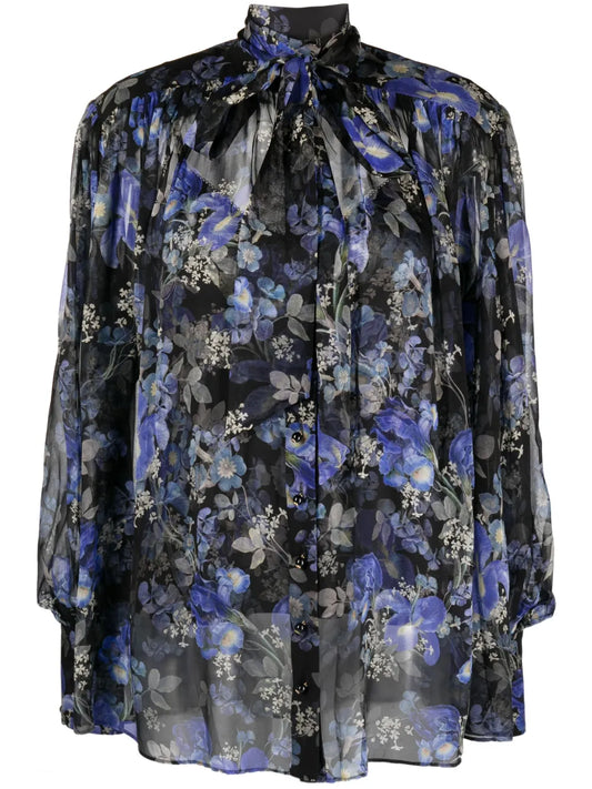 Lyrical Lantern-Print Silk Blouse