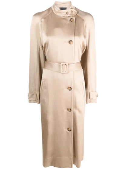 Double-Breasted Belted Satin Coat