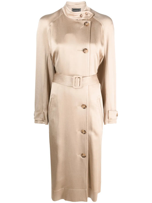 Double-Breasted Belted Satin Coat