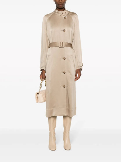 Double-Breasted Belted Satin Coat
