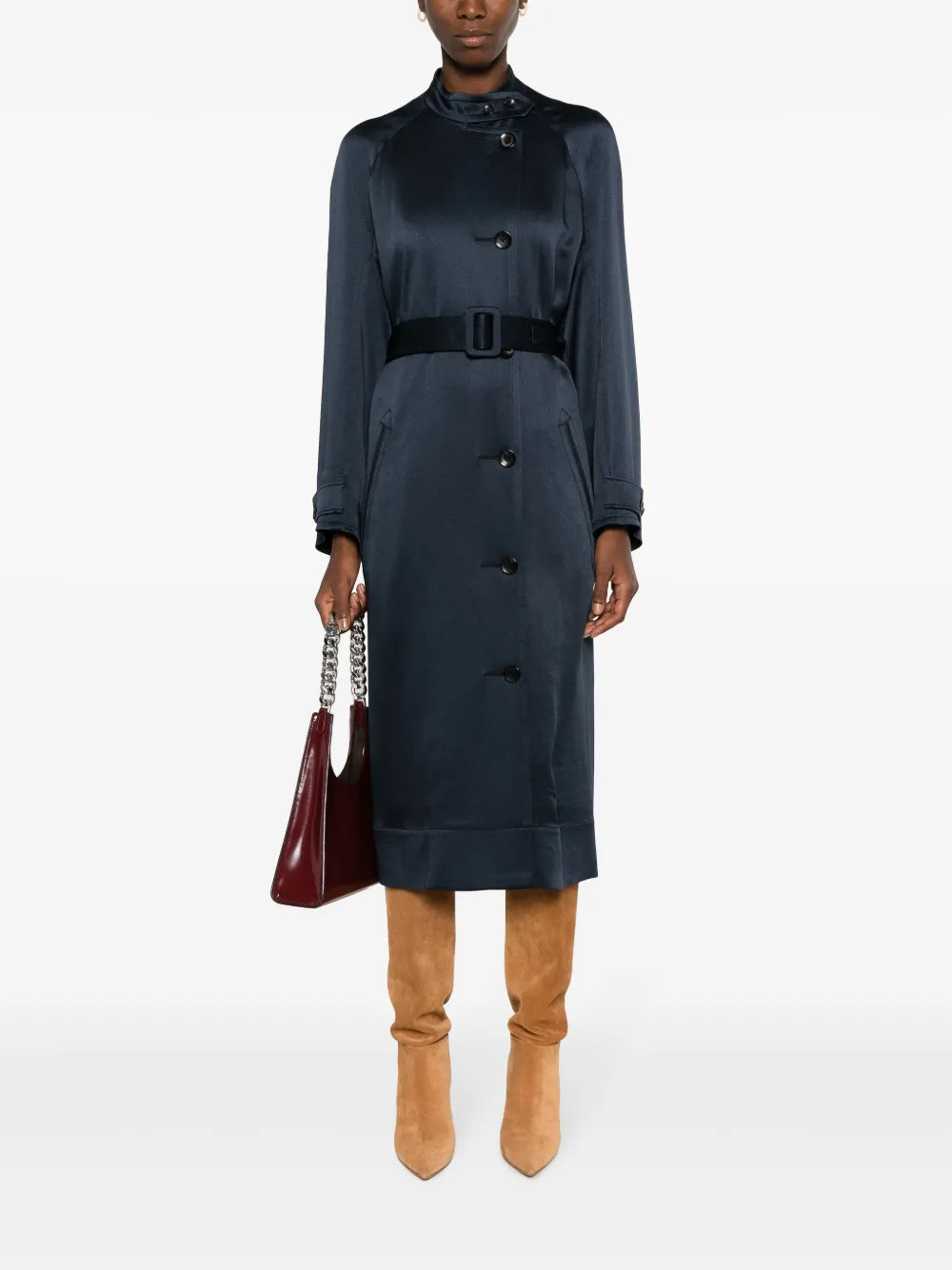 Double-Breasted Belted Satin Coat