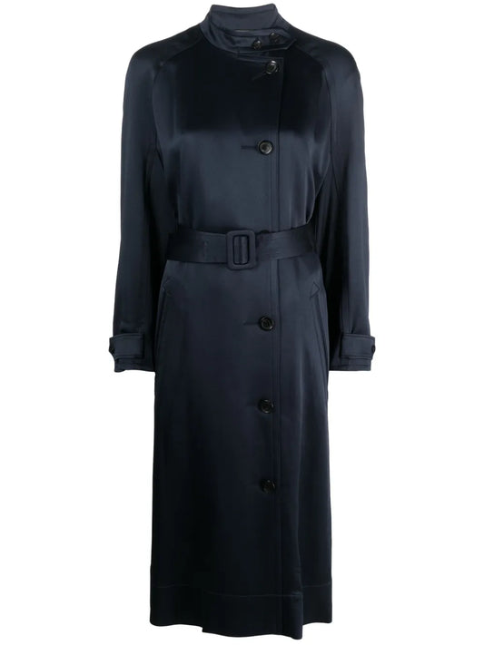 Double-Breasted Belted Satin Coat