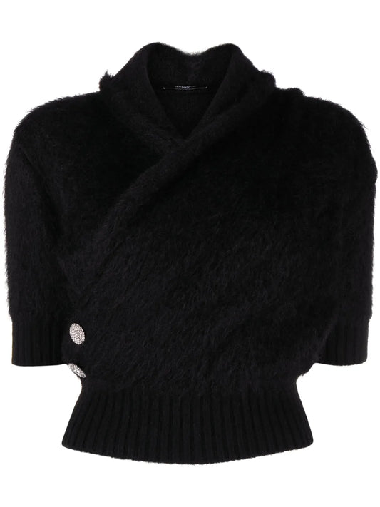 Crystal-Embellished Buttons Wrap Knitted Top