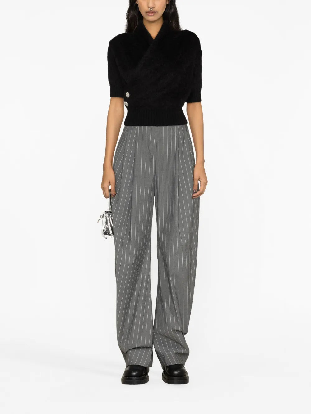 Crystal-Embellished Buttons Wrap Knitted Top