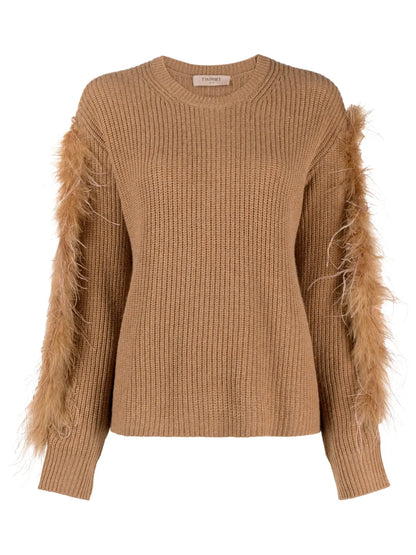 Feather-Trim Ribbed-Knit Jumper