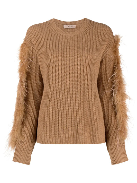 Feather-Trim Ribbed-Knit Jumper