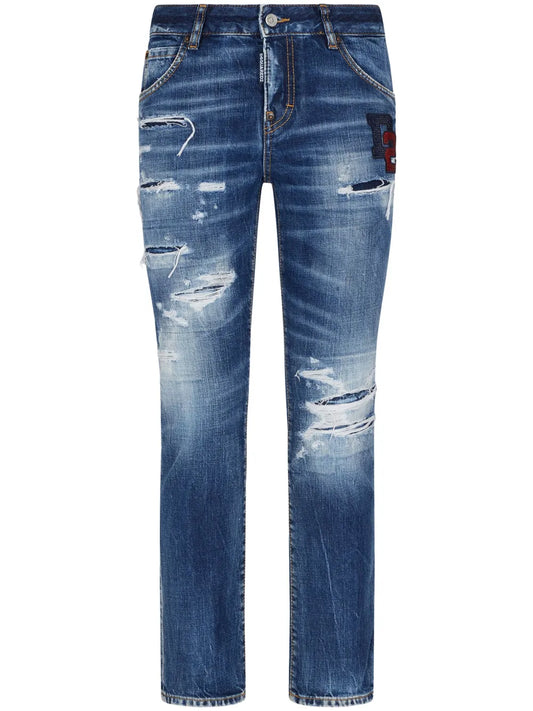 Boston Logo-Patch Cropped Jeans