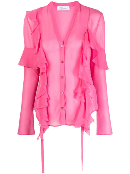 Ruffled Semi-Sheer Silk Blouse