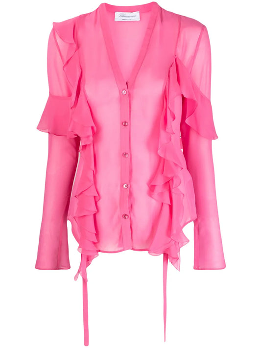 Ruffled Semi-Sheer Silk Blouse