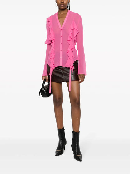 Ruffled Semi-Sheer Silk Blouse