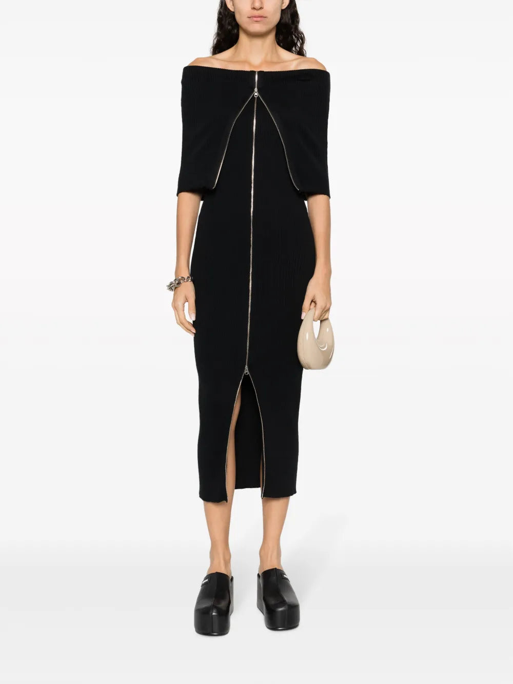Zip-Up Ribbed-Knit Maxi Dress