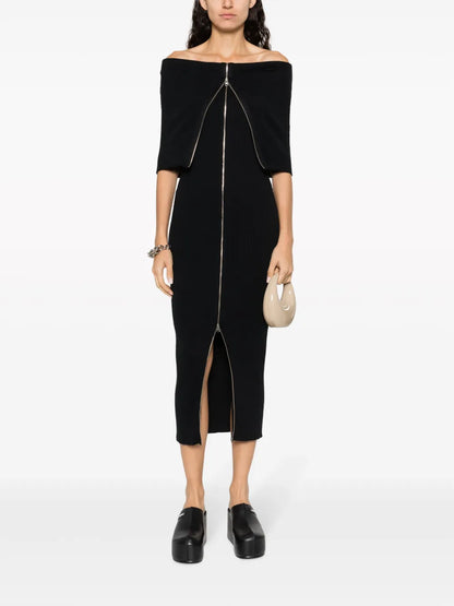 Zip-Up Ribbed-Knit Maxi Dress