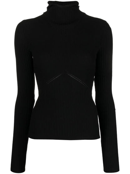 High-Neck Ribbed-Knit Hooded Jumper