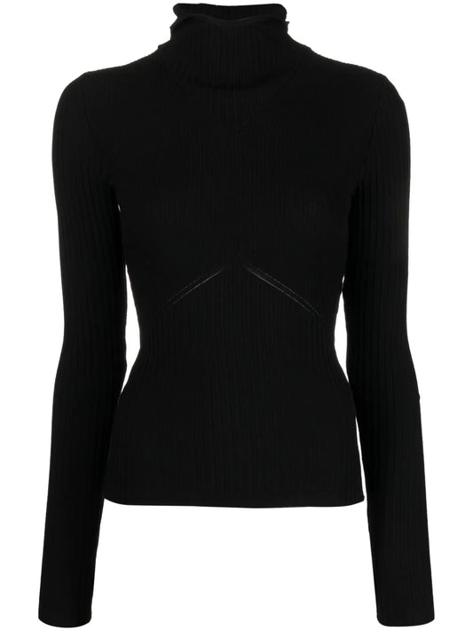 High-Neck Ribbed-Knit Hooded Jumper