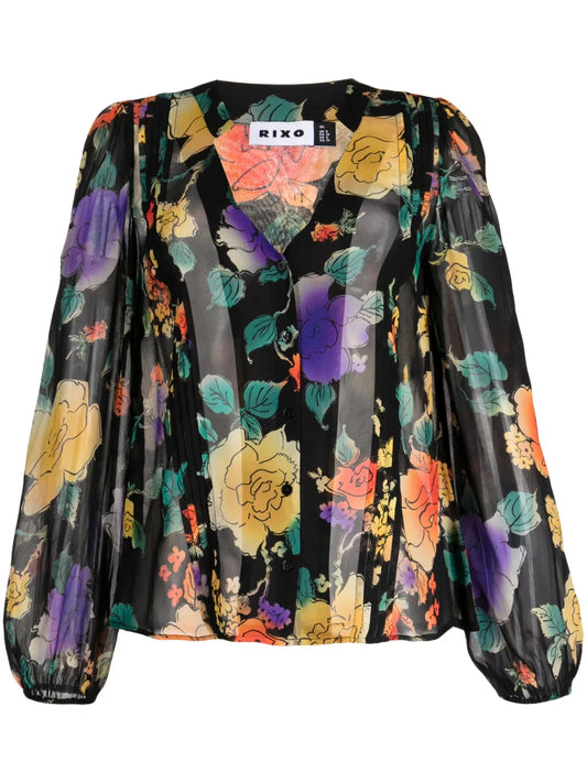 Semi-Sheer Floral-Print Blouse