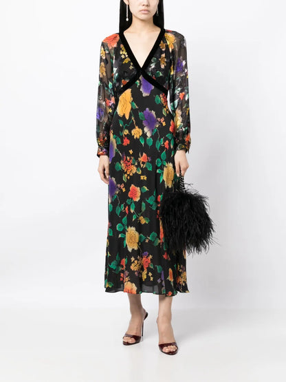 Ayla Floral-Print Silk Midi Dress