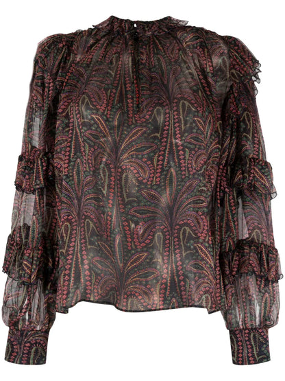 Ruffled Paisley-Print Silk Blouse