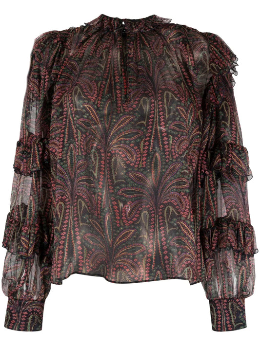 Ruffled Paisley-Print Silk Blouse