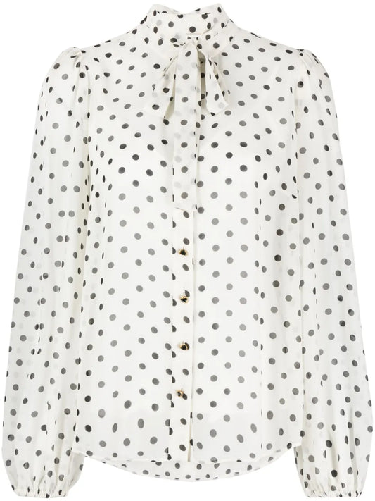 Polka-Dot Print Tie-Neck Blouse