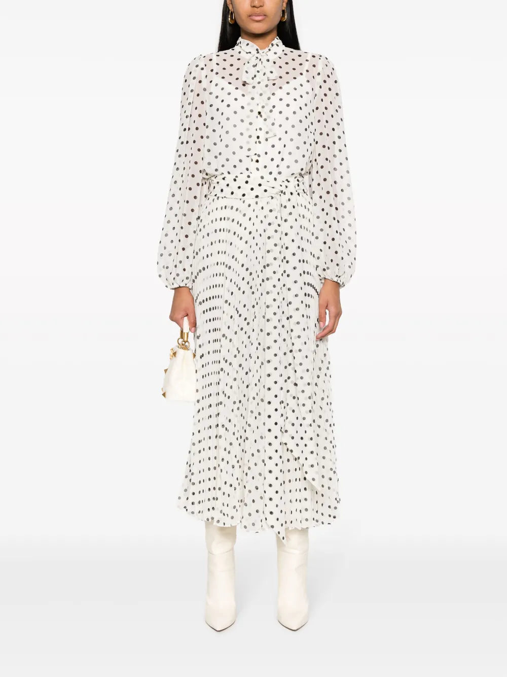 Polka-Dot Print Tie-Neck Blouse