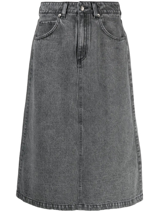 Number-Embroidered Denim Midi Skirt