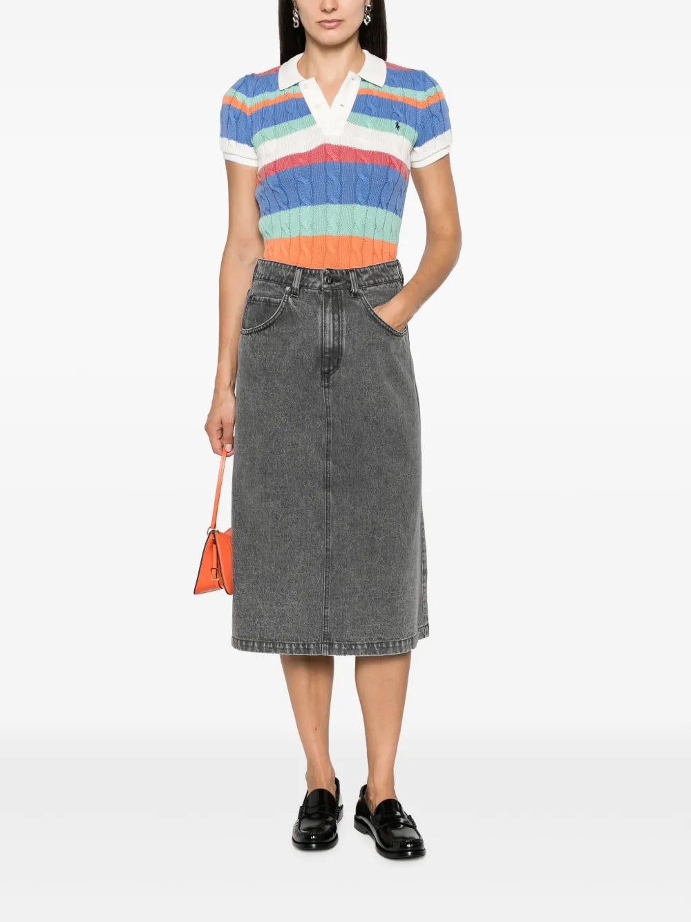 Number-Embroidered Denim Midi Skirt
