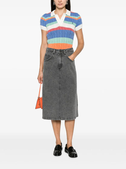 Number-Embroidered Denim Midi Skirt