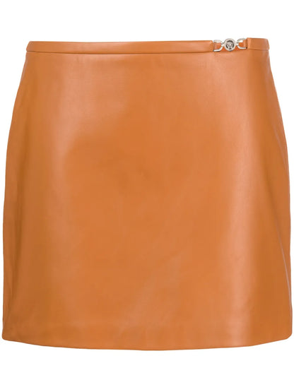 Medusa-Embellished Leather Miniskirt