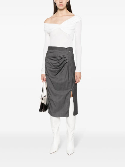 Pinstripe Pleat-Detail Midi Skirt