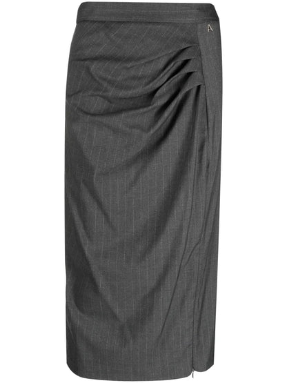 Pinstripe Pleat-Detail Midi Skirt