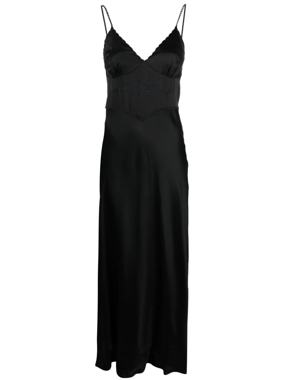 Embroidered-Bodice Satin Maxi Dress