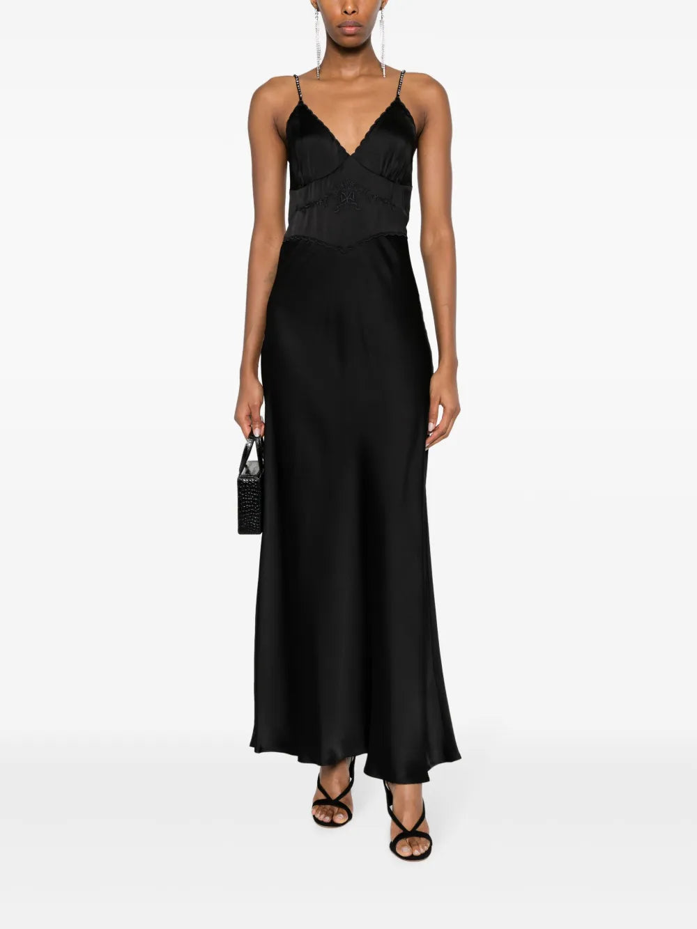 Embroidered-Bodice Satin Maxi Dress