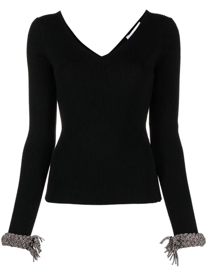 Braided-Cuffs Ribbed-Knit Top