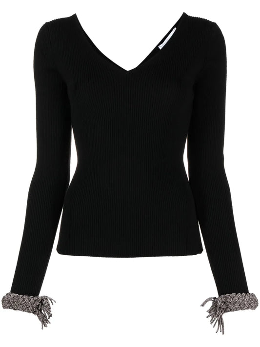 Braided-Cuffs Ribbed-Knit Top