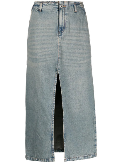 Front-Slit Cotton Denim Midi Skirt
